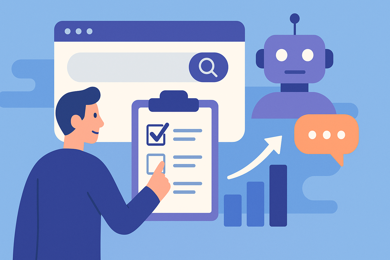 Illustration of a person completing an AI search optimization checklist beside a browser search bar, a rising growth chart, and an AI chatbot, representing GEO and AEO strategy