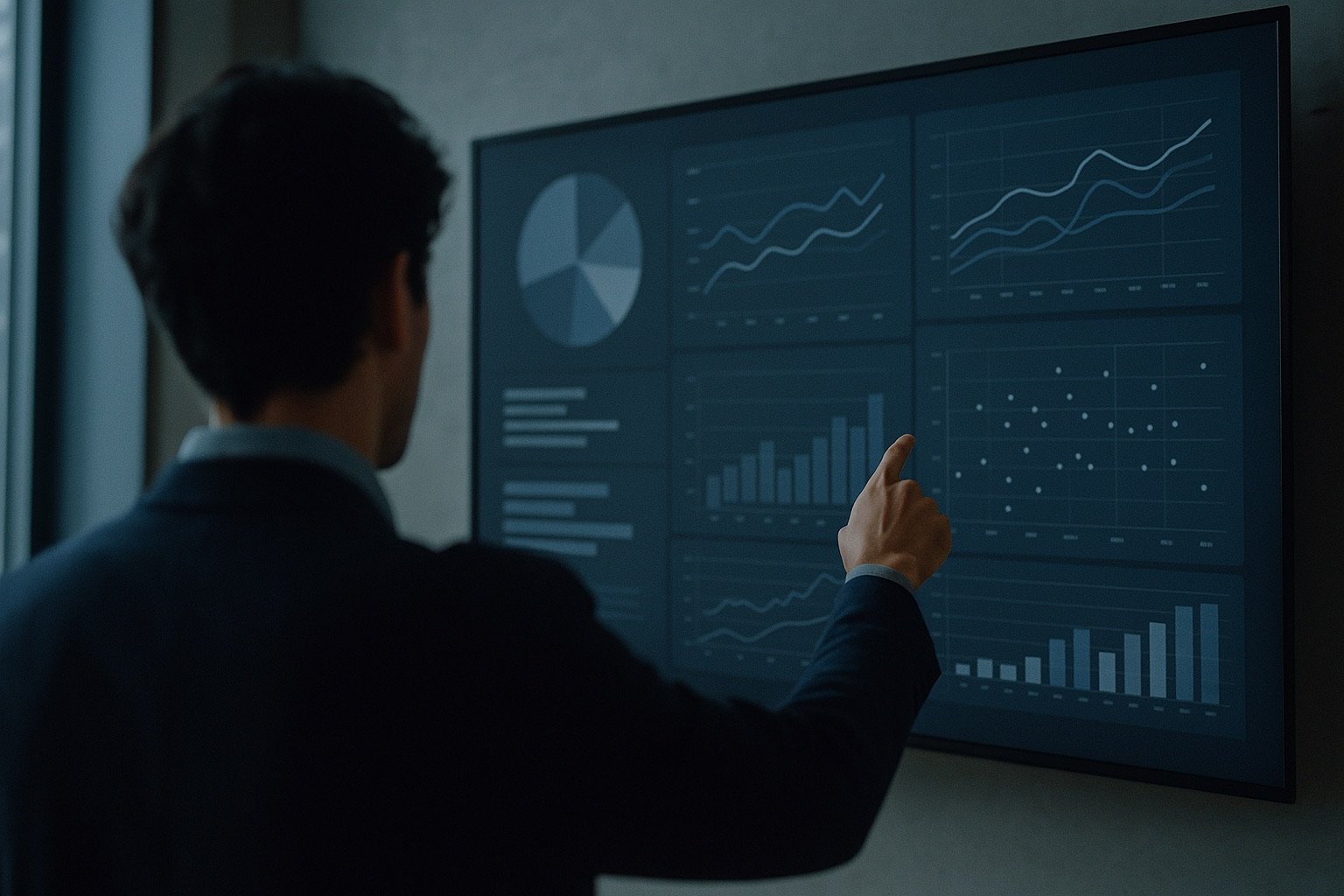 A business owner reviewing SEO performance analytics on a dashboard
